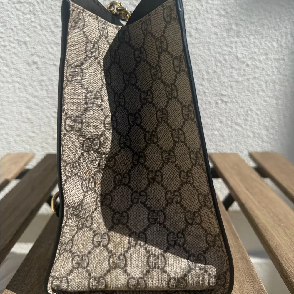 Gucci Beige GG Supreme Canvas Tote with Black Leather Trim and Gold Hardware